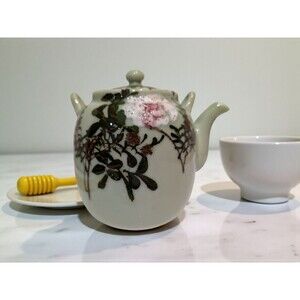 Stunning Vintage Japanese Hand Painted Celadon Teapot - Textured Flowers